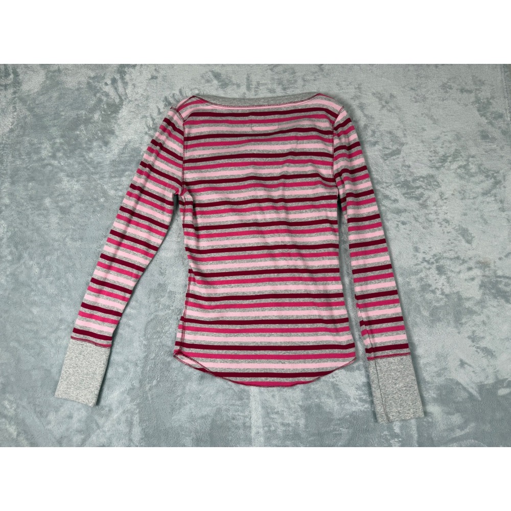 Aeropostale Womens XL Pink Striped Ribbed Henley Long Sleeve Top Stretch Cotton - Picture 2 of 6